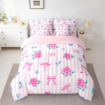 Feelyou Cute Bow Comforter Set with Sheets 7 Piece Queen Size Romantic Rose Flower Bed in a Bag Kids Boys Girls Bow Tie Striped Bedding Set Bedroom Decor Breathable Soft Lightweight Microfiber