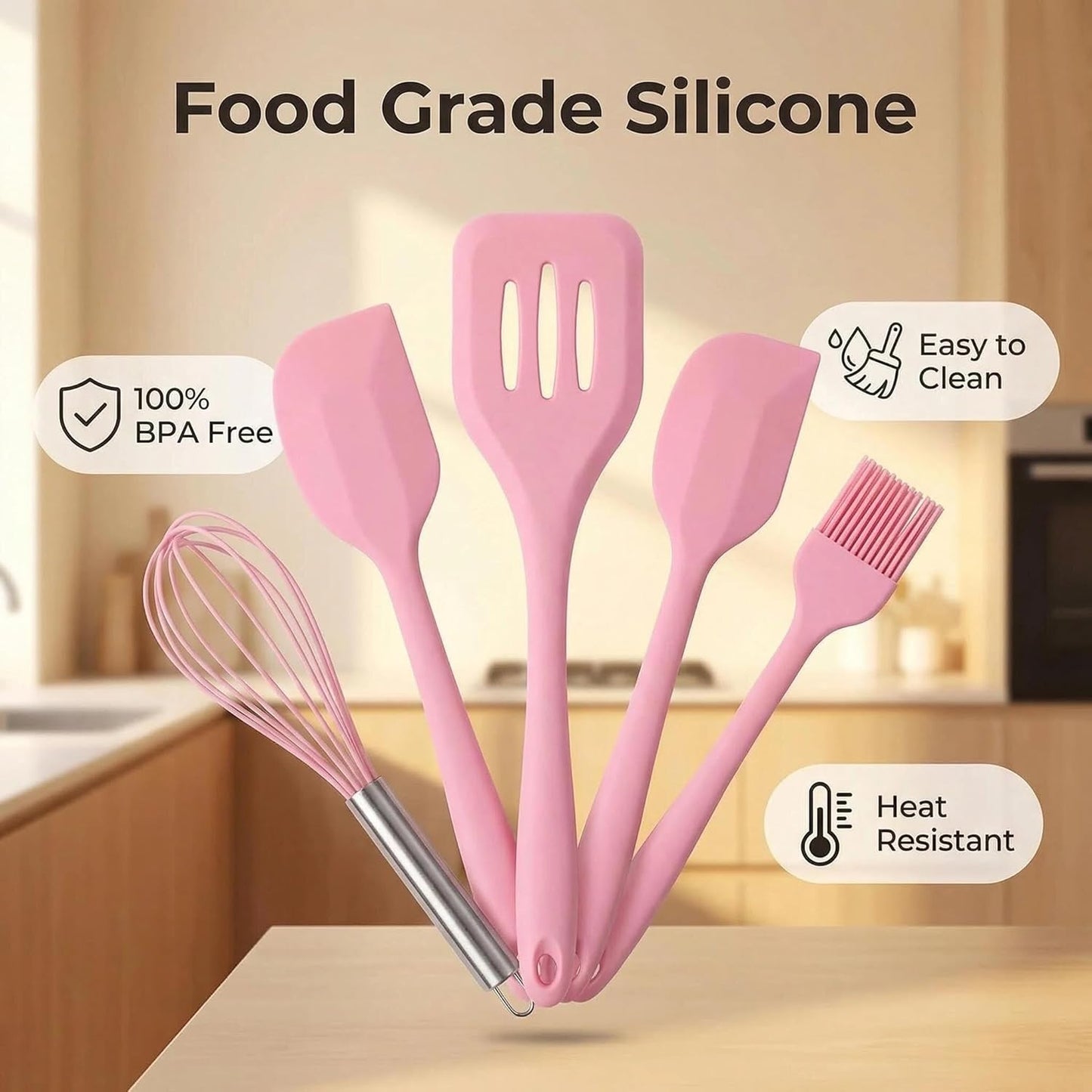 5 piece silicone cooking and baking set PINK, Heat resistant silicone utensils, Non Stick Silicone cooking Set,Brucsh, Whisk,Slotted Spatula, Big Spatula,Small Spatula