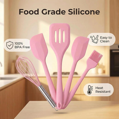 5 piece silicone cooking and baking set PINK, Heat resistant silicone utensils, Non Stick Silicone cooking Set,Brucsh, Whisk,Slotted Spatula, Big Spatula,Small Spatula