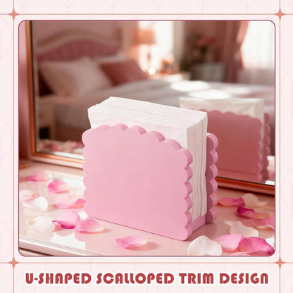 Acacia Wood Napkin Holder Scalloped Upright Napkin Dispenser for Table Rustic Cute Guest Paper Holder for Kitchen Dining Room Wedding Party Restaurant Hotel(No Text,Pink)