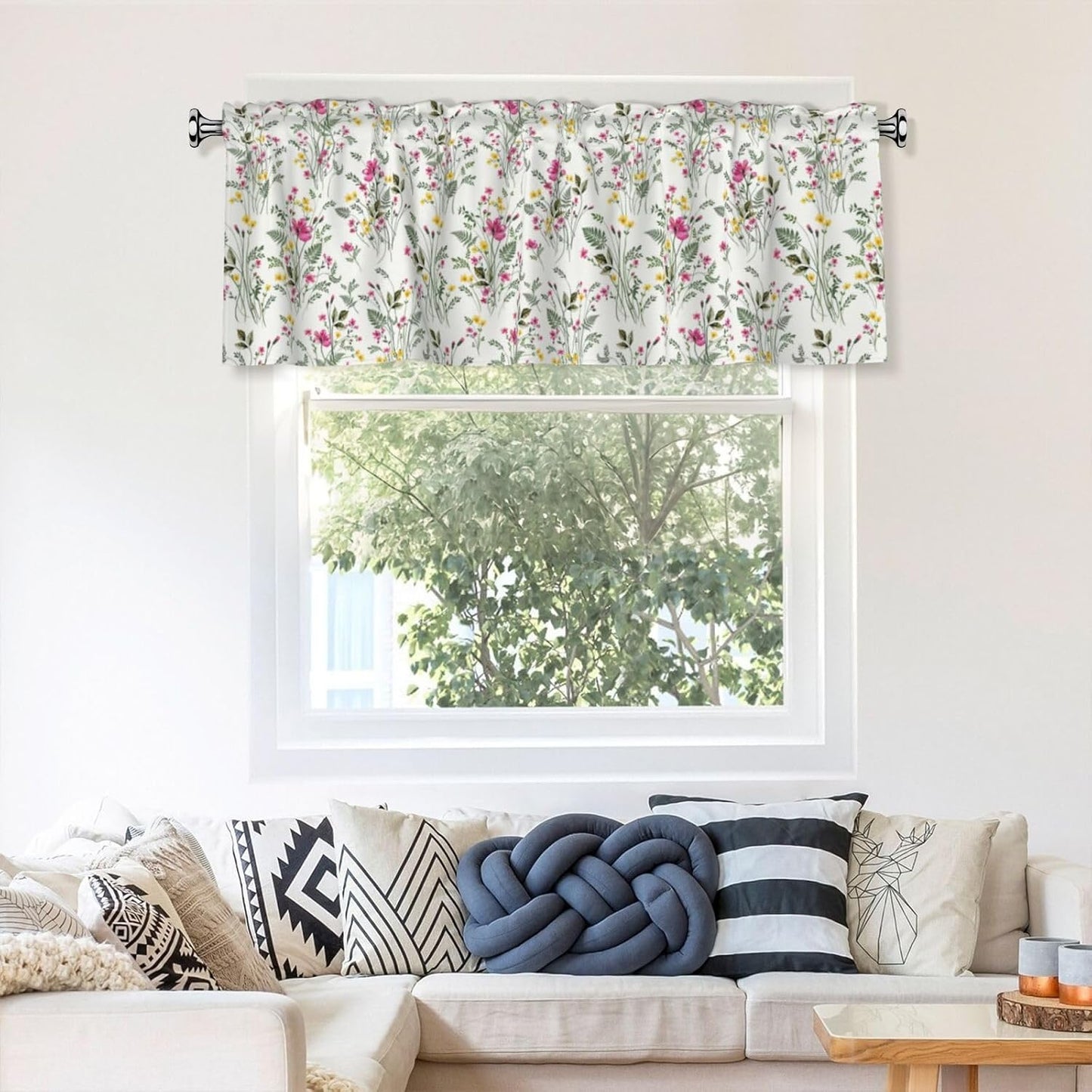 Spring Valances for Windows - Pink Yellow Floral Cafe Curtains Green Leaf Short Curtains for Living Room Bathroom Bedroom Basement