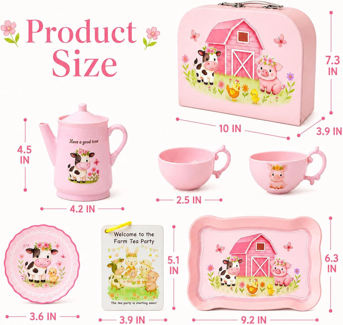 Lajeje Pink Barn Tea Party Set for Little Girls, 47PCS Farm Animal Pretend Play Tea Time Kit, Tea Sets for Toddlers 3-5 with Teapot & Story Cards, Carry Case Girls Birthday Gift, Easter Basket Stuffer