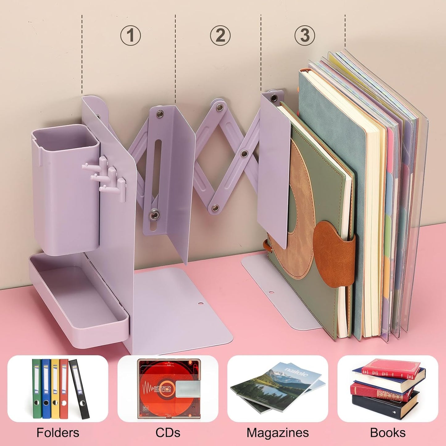 PATIKIL Adjustable Book Ends, 7.5" Tall Heavy Duty Metal Adjustable Bookends Book Holders Organizer with Removable Pen Holder Tray and 3 Hook-up for Heavy Books Desk Office Home, Pink