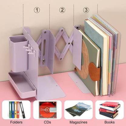 PATIKIL Adjustable Book Ends, 7.5" Tall Heavy Duty Metal Adjustable Bookends Book Holders Organizer with Removable Pen Holder Tray and 3 Hook-up for Heavy Books Desk Office Home, Pink
