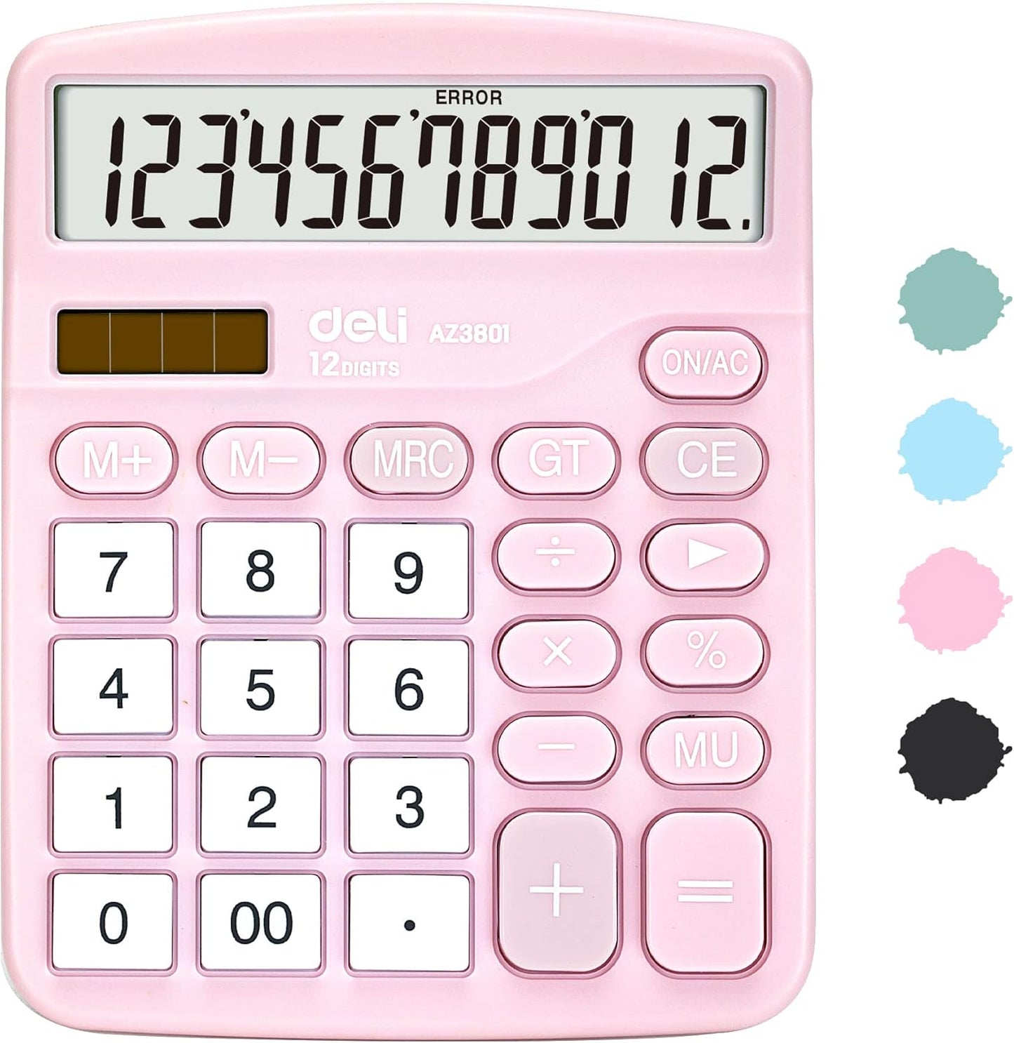 Calculator, Deli Standard Function Desktop Calculators with 12 Digit Large LCD Display and Sensitive Button, Solar Battery Dual Power Office Calculator, Pink