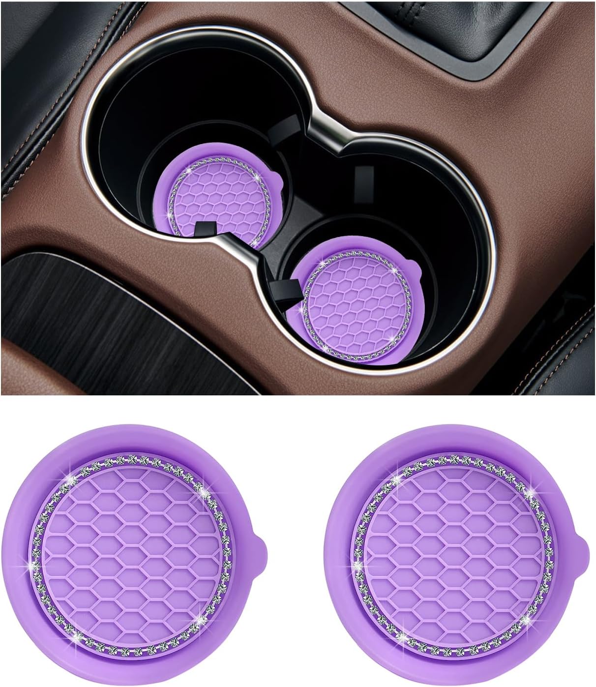Ziciner 2 PCS Car Cup Coaster Holders, 3.15 Inch Silicone Anti-Slip Auto Insert Coaster, Crystal Rhinestone Car Drink Cup Mat, Universal Durable Auto Interior Accessories (Purple, 2Pack)