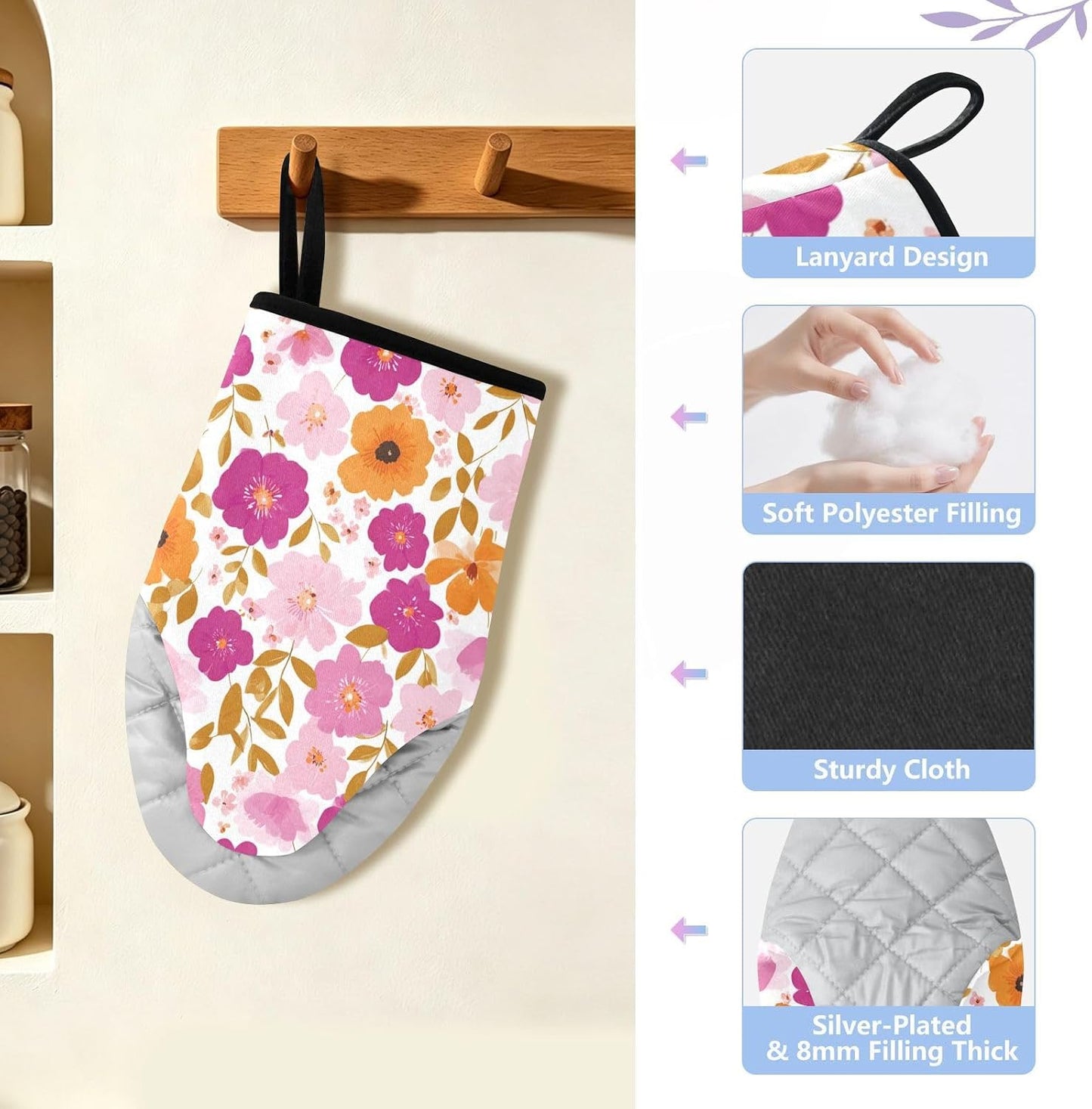 Oven Mitt 2 Pack Set Blossom Pink Flowers Kitchen Mitts Gloves for for Cooking Baking Grilling