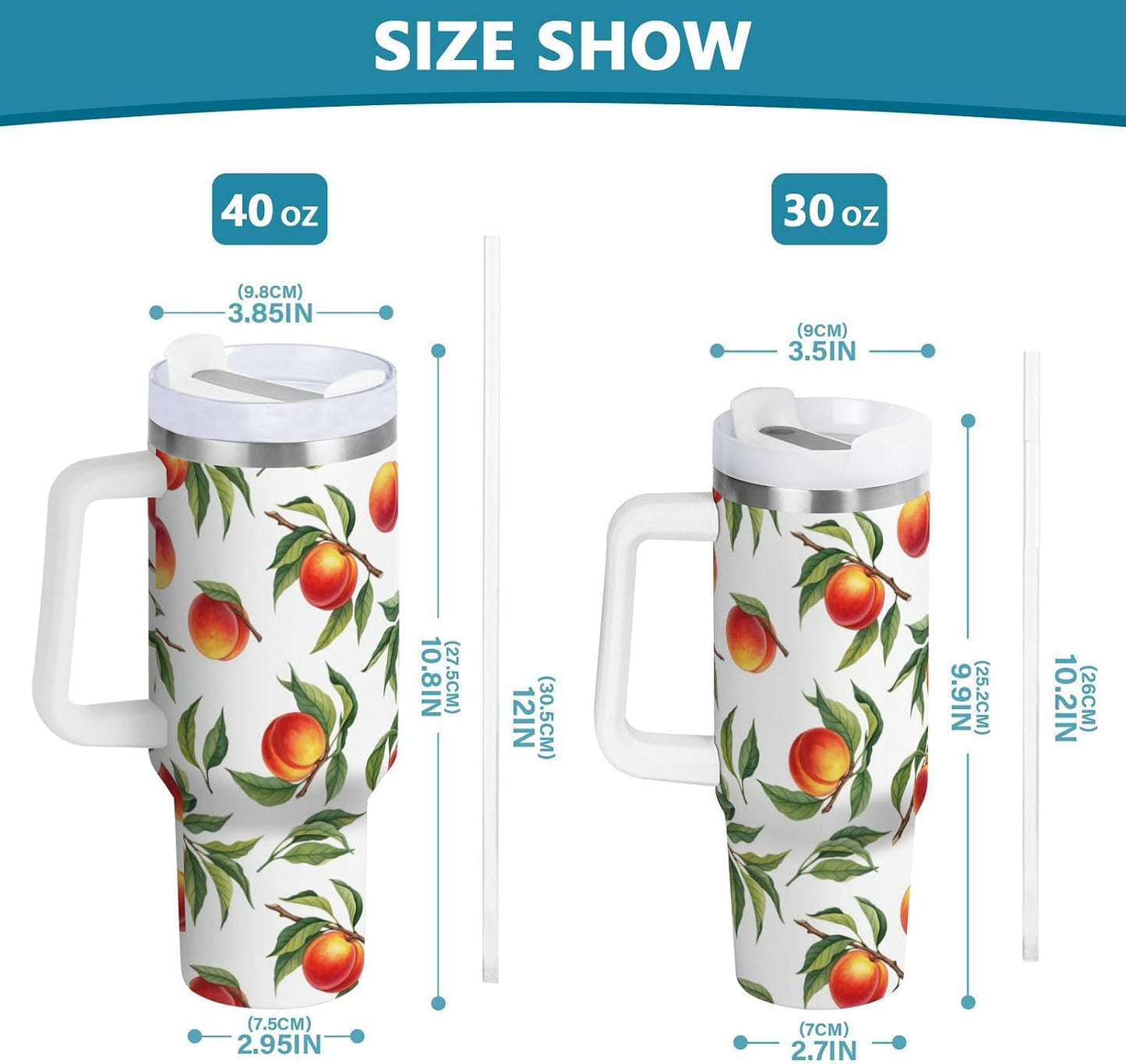 40 oz tumbler with handle and straw Peaches Branch Pattern Stainless Steel Tumbler Leakproof Water Bottle Vacuum Insulated Cups With Lid Travel Mug For Car Cup Holder,