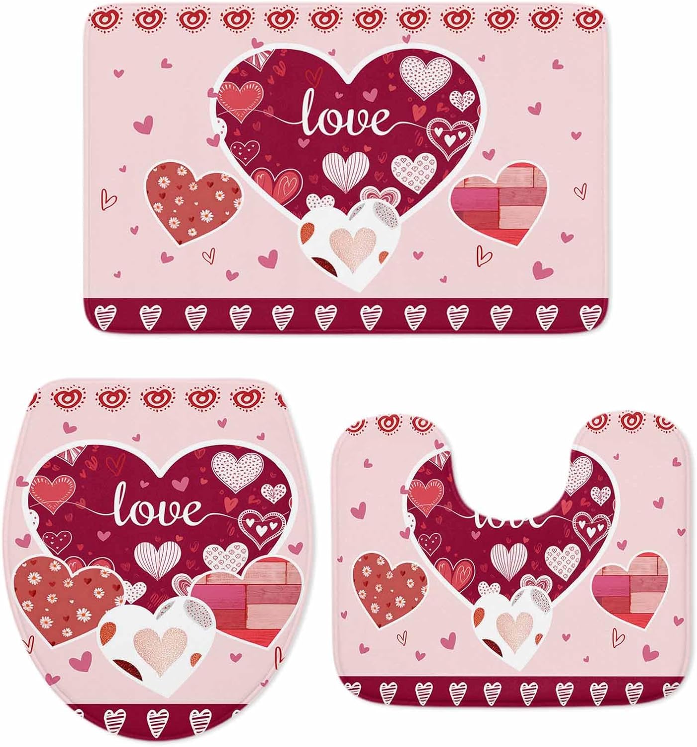 Light Pink Valentines Day Bathroom Rugs Mat Sets 3 Piece, Love Hearts Romantic Farmhouse Bath Shower Rugs with U-Shaped Contour Toilet Mat, Large Absorbent Bathtub Runner Rugs Floor Mats