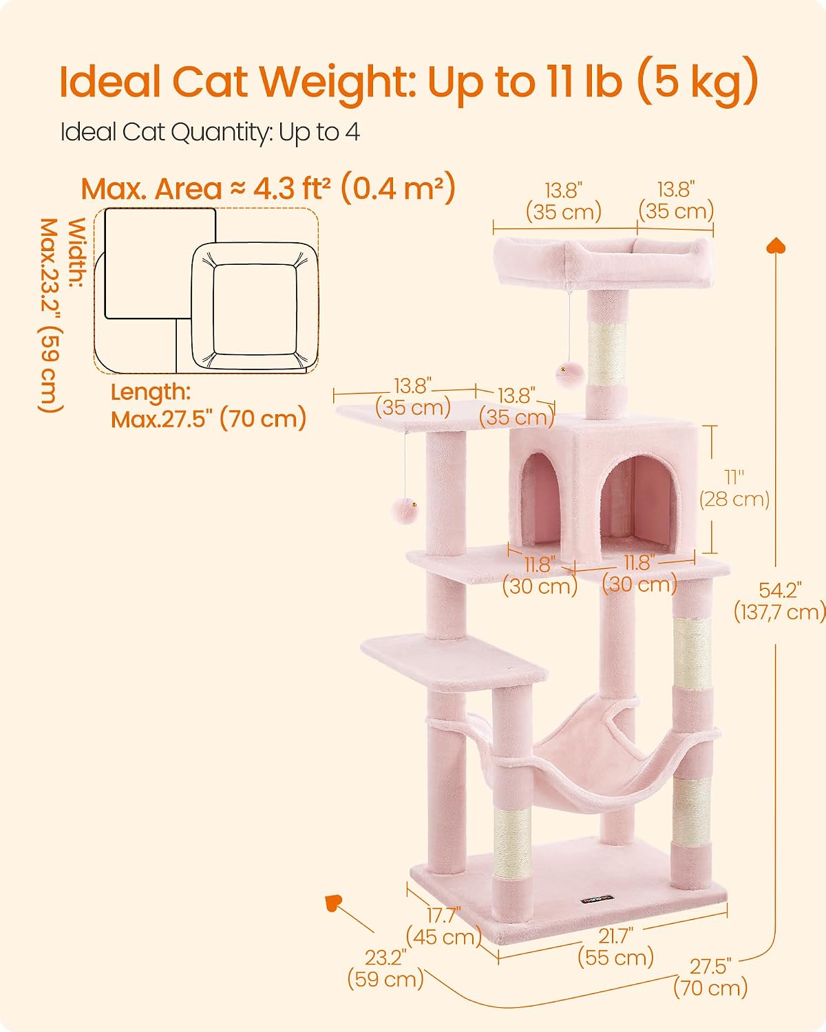 Feandrea Cat Tree, 54.2-Inch Cat Tower, Plush Multi-Level Condo with 4 Scratching Posts, 2 Perches, Hammock, Cave, Jelly Pink UPCT161P01