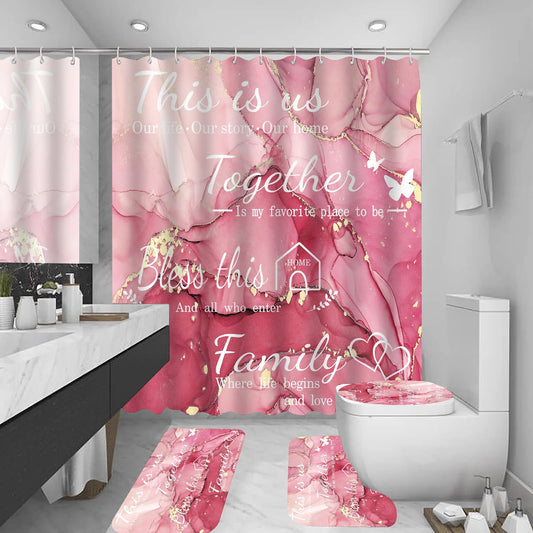 4Pcs Family Marble Shower Curtain Set,Light Pink Home Inspirational Bathroom Sets with Shower Curtain and Rugs, Bathroom Decor Set,Waterproof Bathroom Curtains Shower Set,with 12 Pcs Hooks