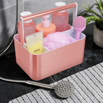 BYUNER Compact Shower Caddy Dorm - Portable Bathroom Caddy Organizer with Handle and Adjustable Divider for College Dorm & Shared Bathroom, Hard Plastic Shower Basket Tote for Toiletry Drainage, Pink