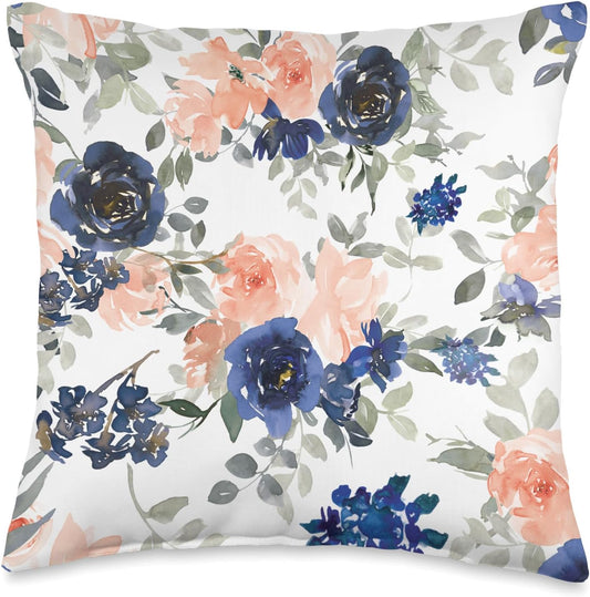 Blue Navy Indigo Flowers Peach Flowers Floral Pattern White Throw Pillow