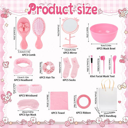 56 Pcs Pink Spa Sleepover Party Supplies Include Sleep Eye Mask Wristband Scrunchie Spa Headband with Coquette Bow Mirror Hair Comb Gift Bags for Women (Spa Party Favors（6 setd）)