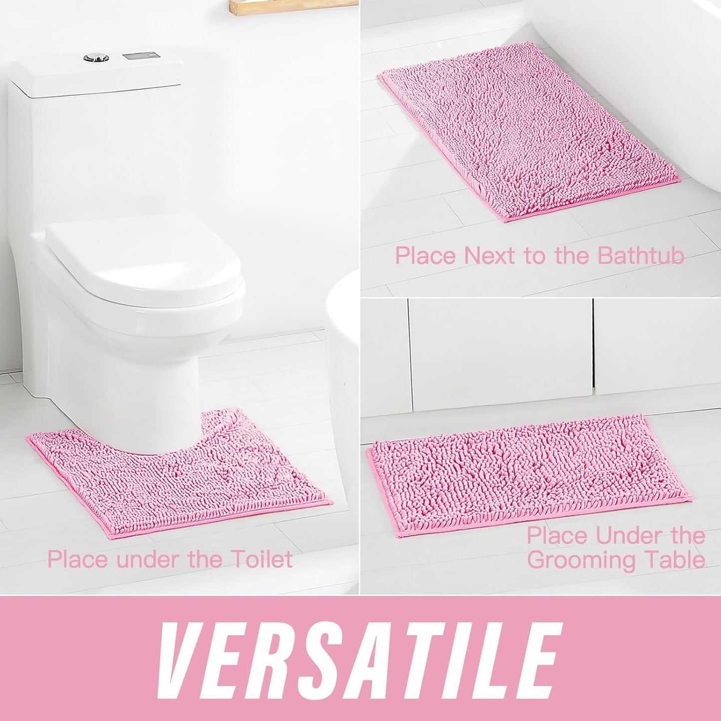 Pink Bathroom Rugs Sets 3 Piece Washable, Luxury ，Chenille Bath Mat Set, Soft Plush Anti-Slip Rectangular Bath， Rug Super Absorbent.3 Pieces Bathroom (Pink, 32"x20"+24"x16"+U Shape 20"x20")