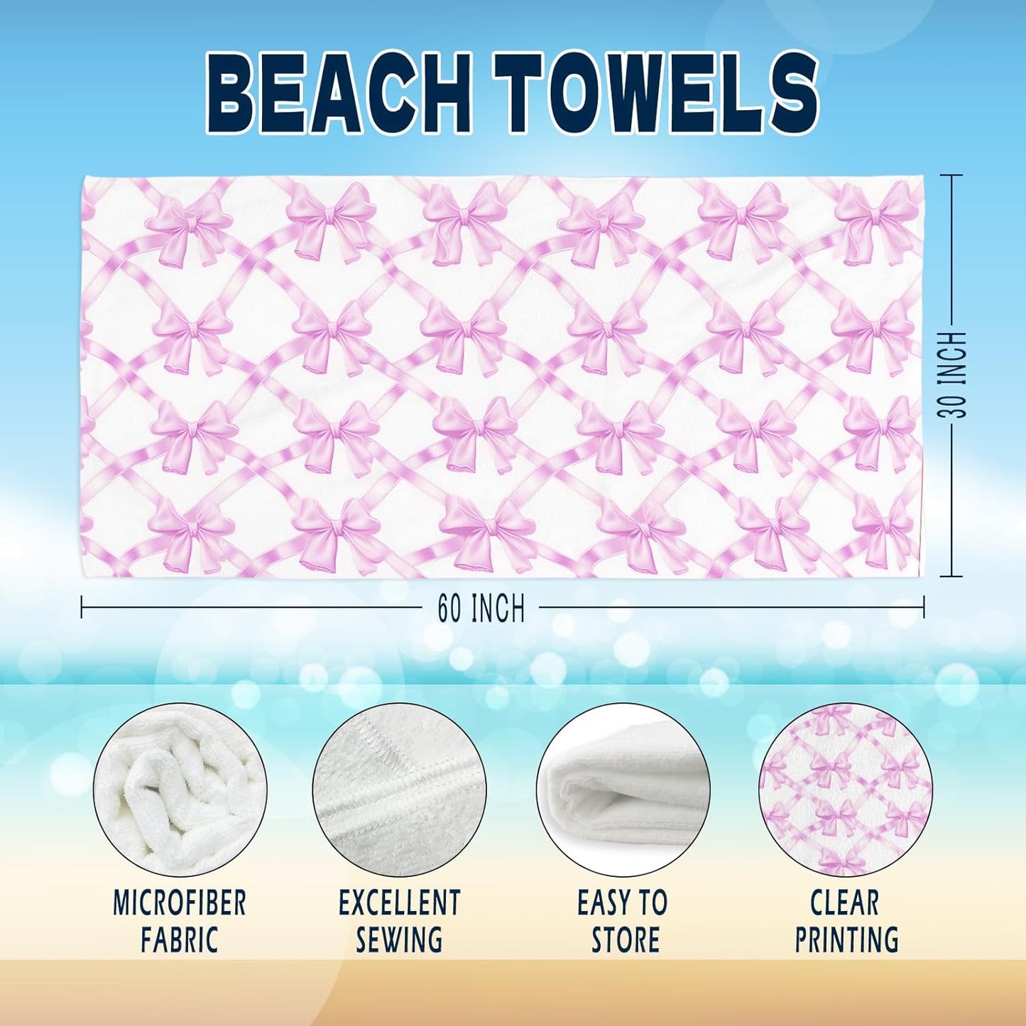 Coquette Preppy Pink Bow Beach Towel - Aesthetic Girly Trendy Purple Bowknot Pool Towels Microfiber Absorb Water Travel Towels 60x30 Inches for Bathroom Kitchen Gym Yoga, Gifts for Girls Lady