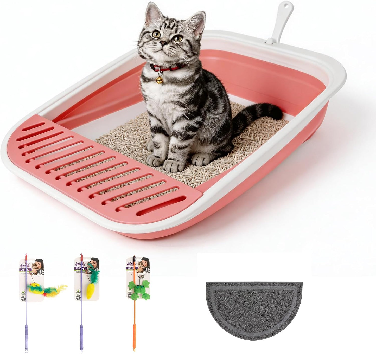 Pawise Foldable Cat Litter Box, Low Entry Collapsible Cat Litter Box with Scoop, Travel Pet Potty Pan & Anti-Splash Toilet for Kittens, Senior Cats & Disabled Cats (with Cat Teaser & Litter Mat，Pink)