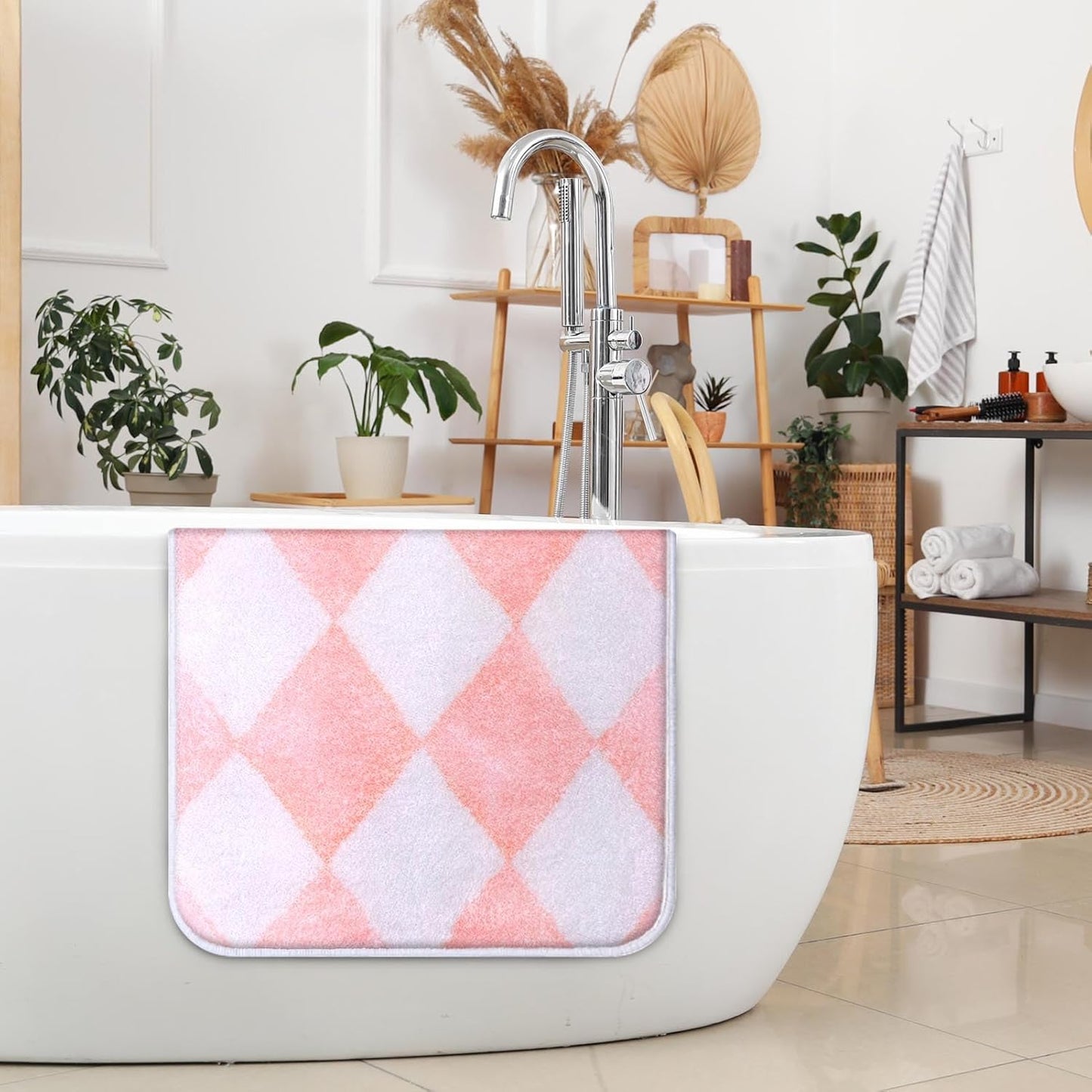 Pink White Checkered Grid Bathroom Mat Non-Slip Bath Rug Microfiber Soft Plush Cute Carpets Floor Mat Machine Wash Dry for Home Tub and Shower Bathroom Decor