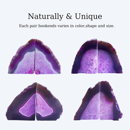 Natural Pink Dyed Agate Geode Bookends - 2 to 3 lb Heavy Duty Rock Crystal Stone Book Ends for Shelves, with Rubber Bumpers, Decorative Book Holders for Home Office