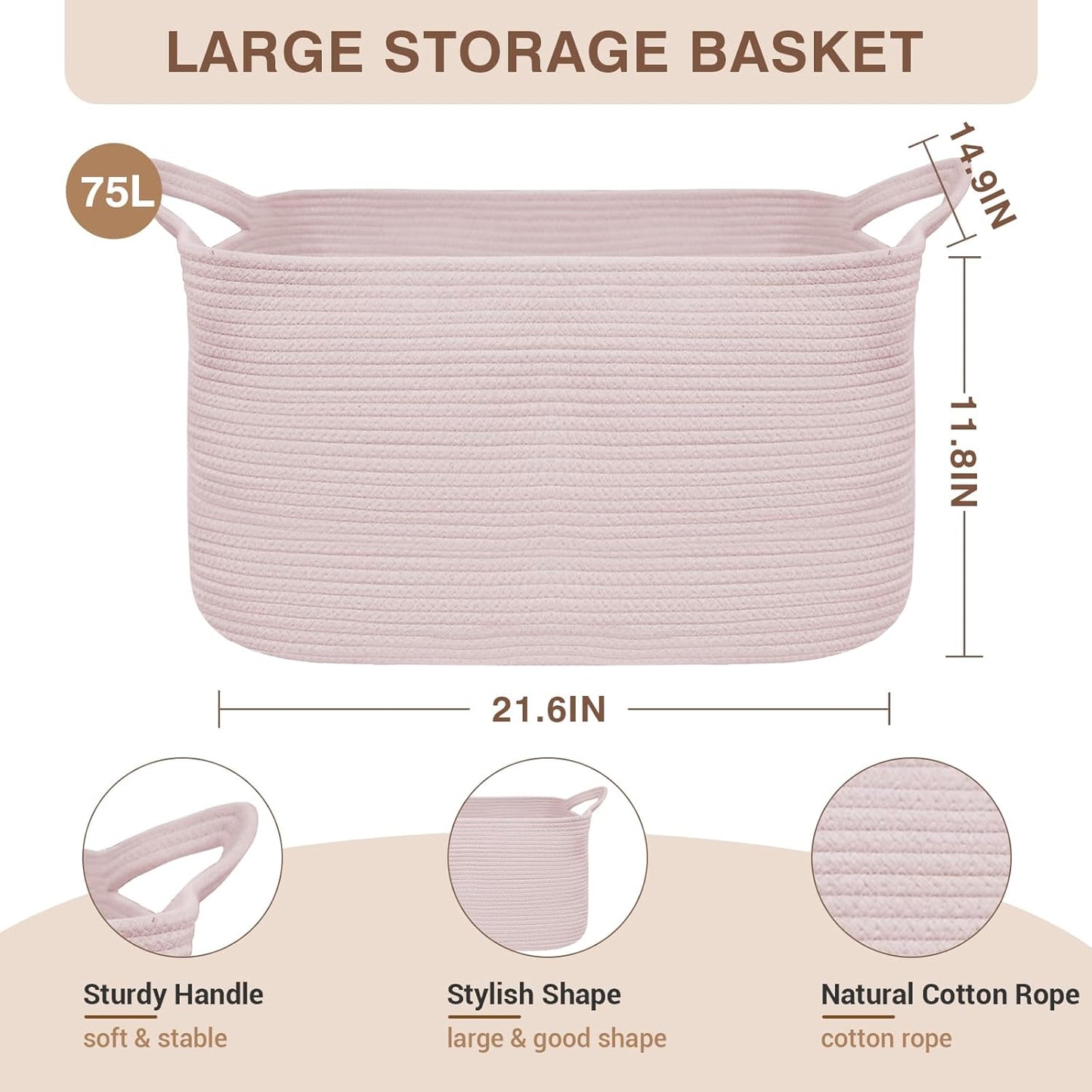 YOUDENOVA Large Blanket Basket, Pink Rectangle Cotton Rope Storage Basket, Nursery Laundry Hamper for Storage Clothes Organizing，21.6''×14.9''×11.8'' Woven Basket for Living Room