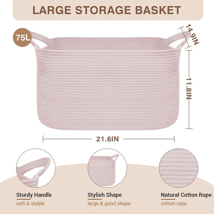 YOUDENOVA Large Blanket Basket, Pink Rectangle Cotton Rope Storage Basket, Nursery Laundry Hamper for Storage Clothes Organizing，21.6''×14.9''×11.8'' Woven Basket for Living Room