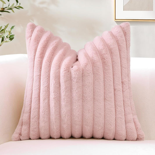 OTOSTAR Blush Pink Faux Rabbit Fur Decorative Throw Pillow Cover 18x18 Inch Soft Cozy Plush Striped Pillowcase Velvet Cushion Cover for Sofa Couch Bed Living Room