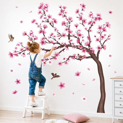 DECOWALL Cherry Blossom Tree Wall Stickers Decals Kids Room Bedroom Living Flower Branch Décor Pink tv Birds Art Background Peel and Stick (SG4-2431)