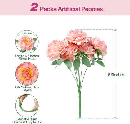 Peonies Artificial Flowers, 2 Bouquets of 7-Heads Silk Artificial Peonies with Flexible Stems, Faux Peonies for Home & Wedding Decor, Table Centerpieces, Floral Arrangement (2, coral pink)