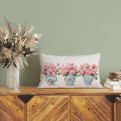 Pink Flowers and Leaves Pillow case, Chinoiserie Floral Pattern Pillow Cover, Flower Rose Case Cushion Cover Couch Sofa Decorative 12x20 inches