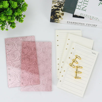 Koqye A6 Pink Acrylic Binder, 6-Ring Clear Cover with Metal Round Rings, Includes 1 Pack Blank Refills for Personal Planner (Pink Rose, A6)