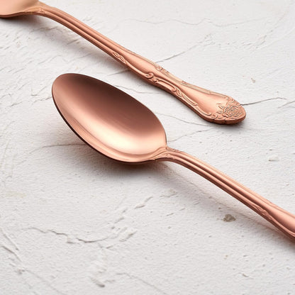 7.1-Inch Matte Rose Gold Dinner Spoons Set of 12, 430 Stainless Steel Satin Finish Soup Spoons, Rose Pattern Heavy Duty Silverware Spoon Set, Dishwasher Safe for Home, Restaurant & Camping