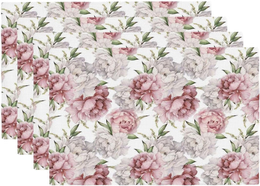 Pink White Peony Flower Placemats Set of 4 Boho Watercolor Floral Peonies Linen Place Mat Washable Double Layer Table Mats for Kitchen Dining Decoration 12x18 Inch