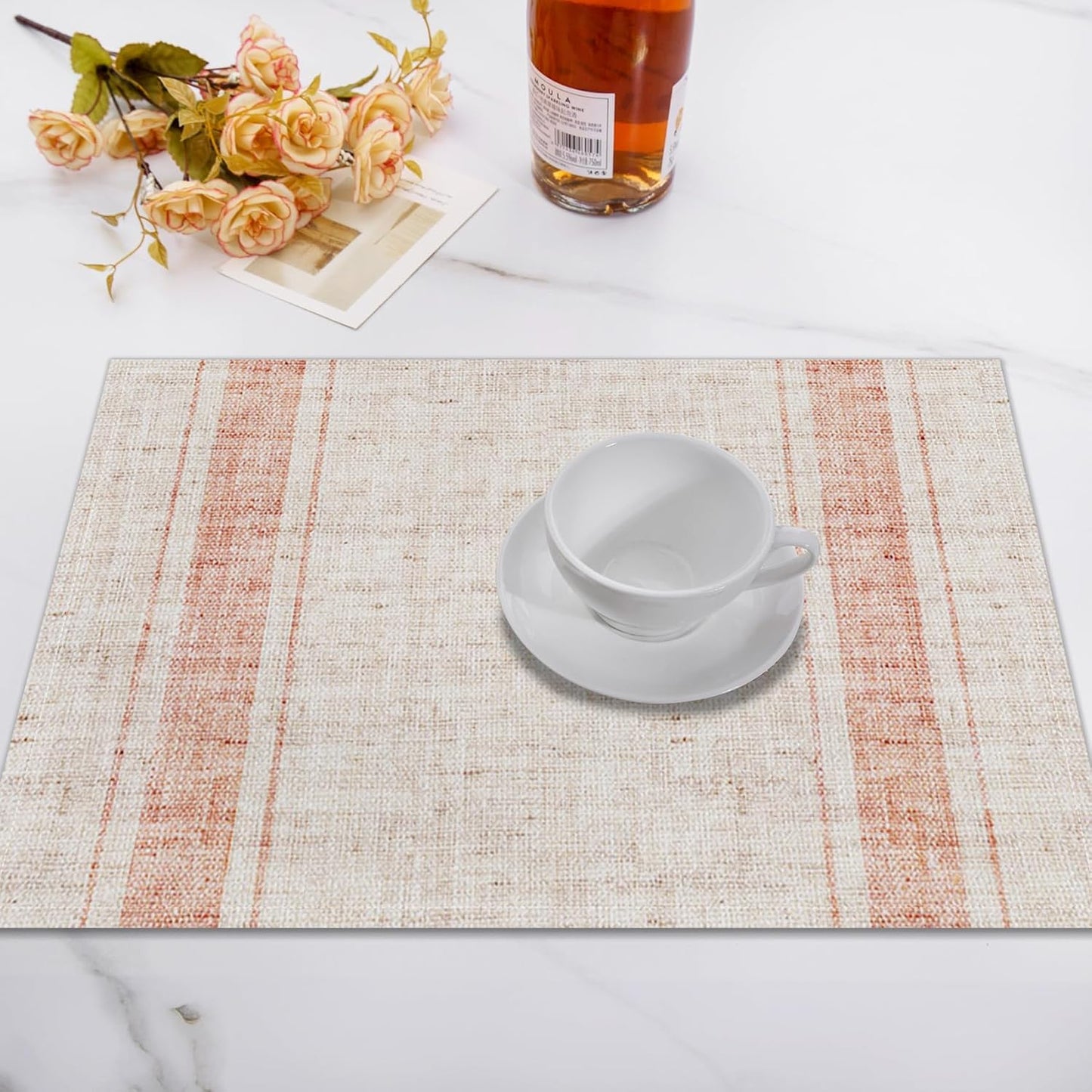 Modern Minimalist Line Decorative Placemats Set of 4 Heat-Resistant Non-Slip Kitchen Table Mats Khaki Woven Rectangle Placemats for Dining Table 18"x12" Washable, Pink Stripe