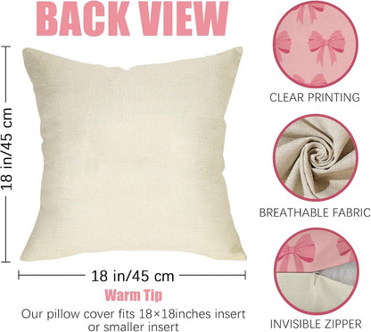 Fahrendom Pink Bow Decorative Throw Pillow Covers 18 x 18 Set of 2, Coquette Ribbon Preppy Porch Patio Outdoor Pillowcase, Aesthetic Girly Bedroom Sofa Couch Cushion Case Home Decor