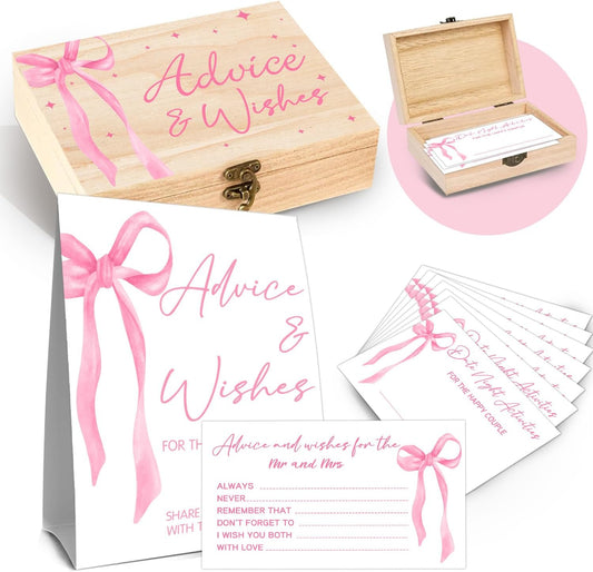 Advice And Wishes For The Mr And Mrs - 50 Pcs Pink Bow Wedding Advice Cards Box, Advices And Wishes Cards For Bride And Groom, Pink Bow Wedding Bridal Shower Decorations