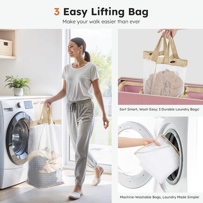 SOLEDI 180L 3-Section Laundry Hamper with Lid, Extra Large Dirty Clothes Basket with Sturdy Handles for Laundry Room & Bedroom - Durable Organizer for Sorting Laundry