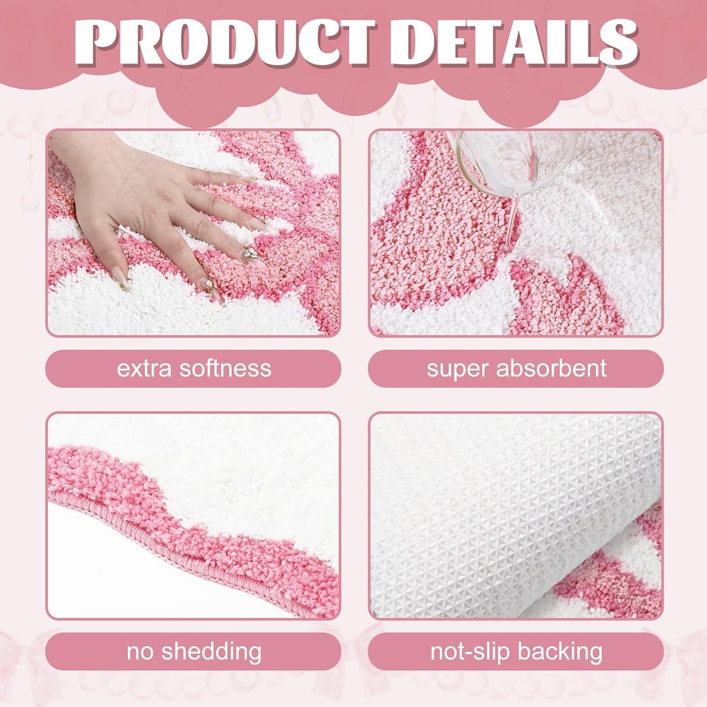 JarThenaAMCS Valentine Scalloped Bow Bathroom Rug Absorbent Pink Cute Bowknot Tufted Bath Mat Non Slip Washable Shower Rug for Coquette Home Bedroom Preppy Room Decor, 19.7 x 35.4 Inch