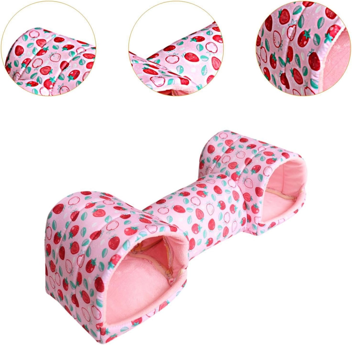 Hamster Tunnel Bed Hideout, Polyester Small Pet Cave for Guinea Pigs, Mice, Chinchillas and Dwarf Rabbits, Pink Strawberry