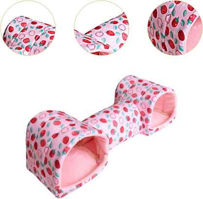 Hamster Tunnel Bed Hideout, Polyester Small Pet Cave for Guinea Pigs, Mice, Chinchillas and Dwarf Rabbits, Pink Strawberry