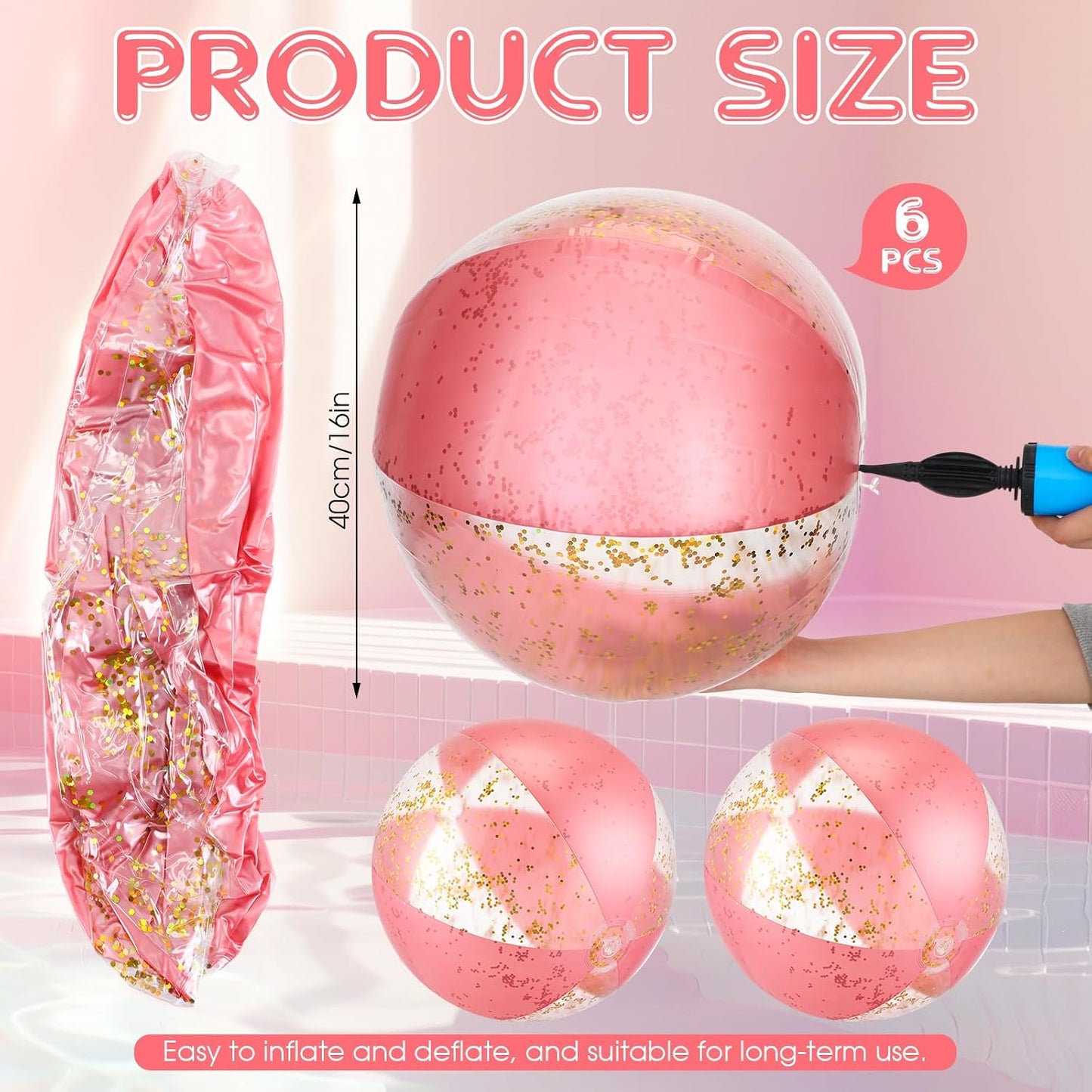 10 Pcs Pink Inflatable Pool Floats Tube Beach Balls Set Glitter Swim Rings Bachelorette Party Pools Floats Confetti Pool Ball for Adult Summer Favors (Air Pump Not Included)