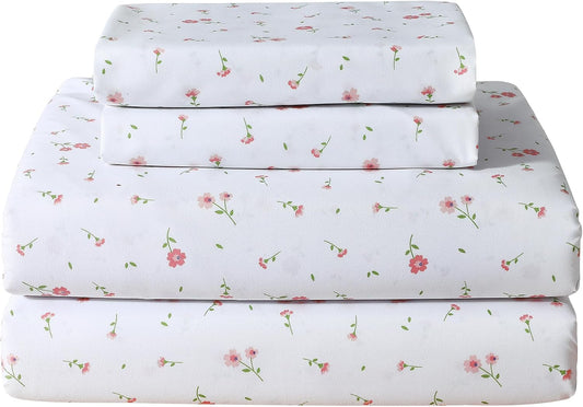 Softan Pink Floral Queen Sheet Set Flower Bed Sheets Queen Size - 4 Piece Microfiber Patterned Fitted Bed Sheets with 15" Deep Pocket, Cozy Cute Pink Flower Sheets and Pillowcase Set