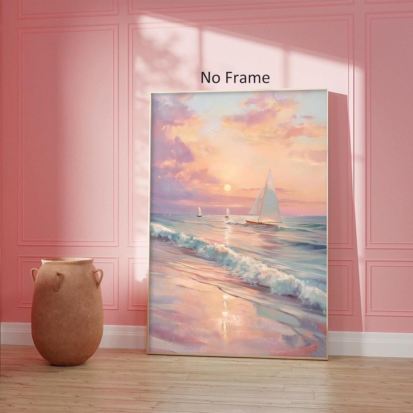 Pink Beach Pictures Sailboat Sunset Painting Pink Coastal Canvas Wall Art Ocean Waves Poster Beach Landscape Painting Pastel Sunset Artwork Trendy Coastal Print Abstract Boat Wall Art 16x24in No Frame