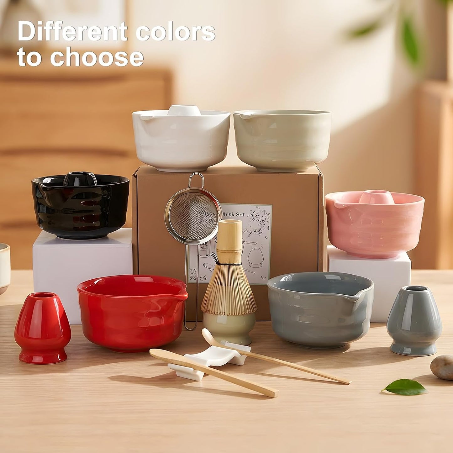 YOLIFE Matcha Whisk Set, PinK Matcha Set, Ceramic Matcha Bowl and Whisk (Chasen), Holder, Sifter, Bamboo Scoop, Spoon & Spoon Rest, 7 Pcs Matcha Kit for Matcha Tea Ceremony