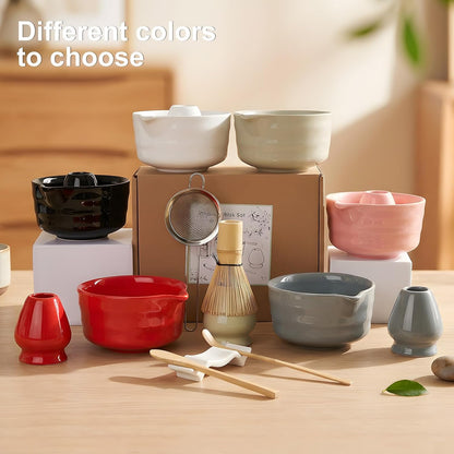 YOLIFE Matcha Whisk Set, PinK Matcha Set, Ceramic Matcha Bowl and Whisk (Chasen), Holder, Sifter, Bamboo Scoop, Spoon & Spoon Rest, 7 Pcs Matcha Kit for Matcha Tea Ceremony