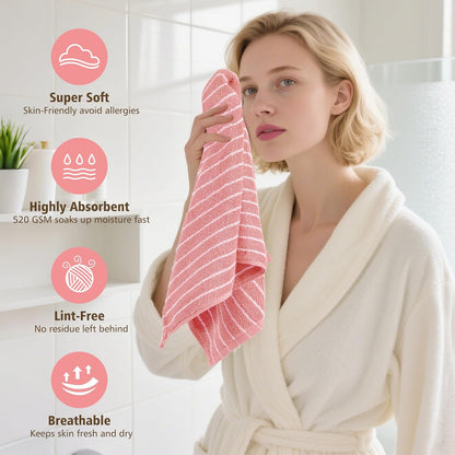 HEAVYWOOD Hand Towels Set of 2 Striped 100% Cotton Reversible, Soft & Absorbent Decorative Hand Towel for Bathroom Clearance (Pink/White Stripe, 2Pack)