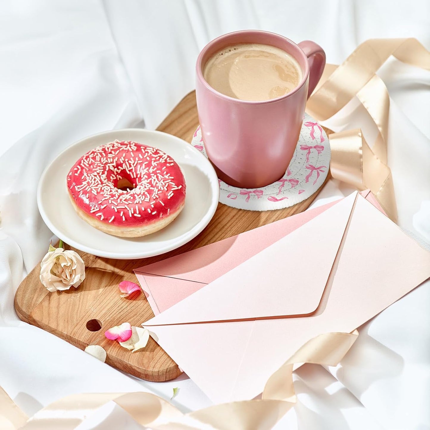 Whaline Pink Bow Coasters Handmade Braided Cotton Coasters Round Absorbent Bowknot Coquette Drink Mats for Mother's Day Valentine Birthday Wedding Baby Shower Party Home Office Table Decor, Set of 4