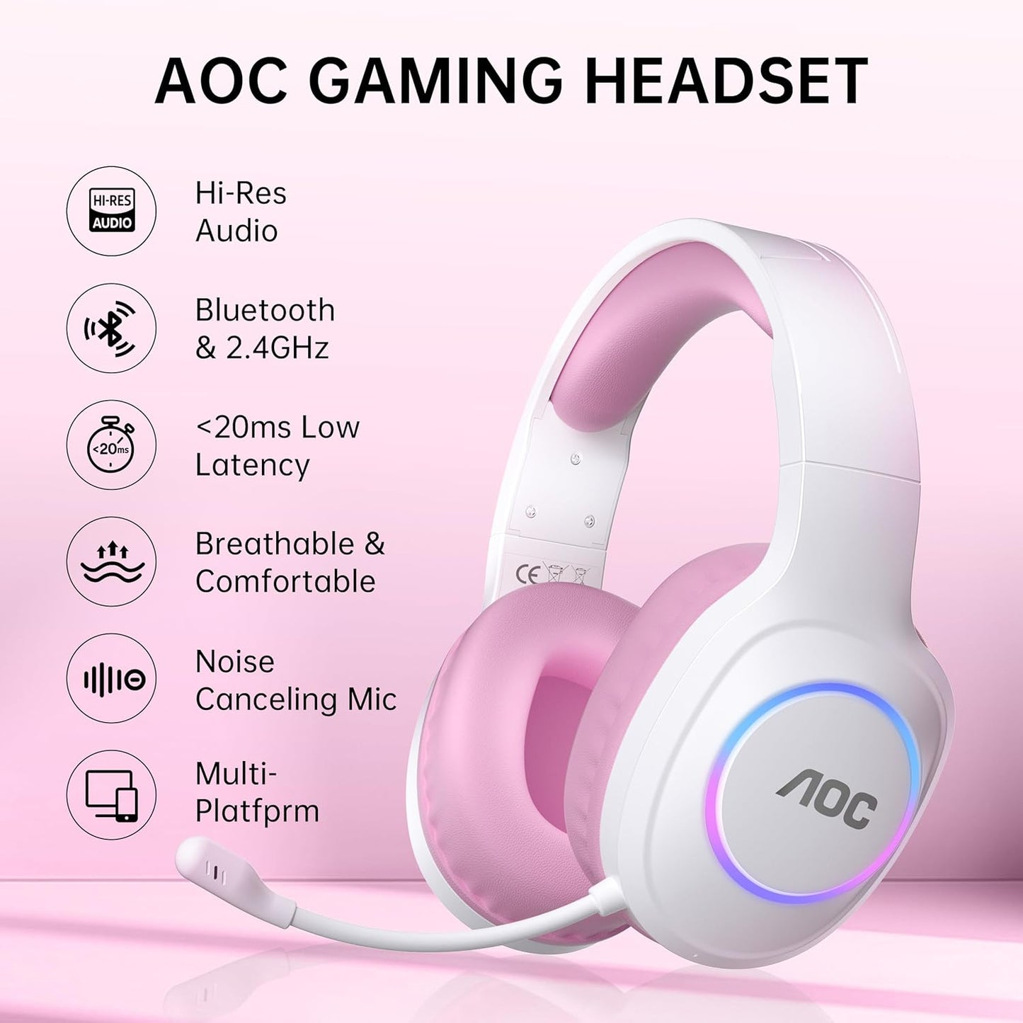 AOC Wireless Gaming Headset Compatible with ps5/4, PC, USB-C & Bluetooth 5.4 & 2.4GHz Gaming Headphones with Noise Canceling Mic, 7.1 Virtual Surround,20ms Latency, 45H, RGB- Pink