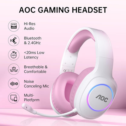 AOC Wireless Gaming Headset Compatible with ps5/4, PC, USB-C & Bluetooth 5.4 & 2.4GHz Gaming Headphones with Noise Canceling Mic, 7.1 Virtual Surround,20ms Latency, 45H, RGB- Pink