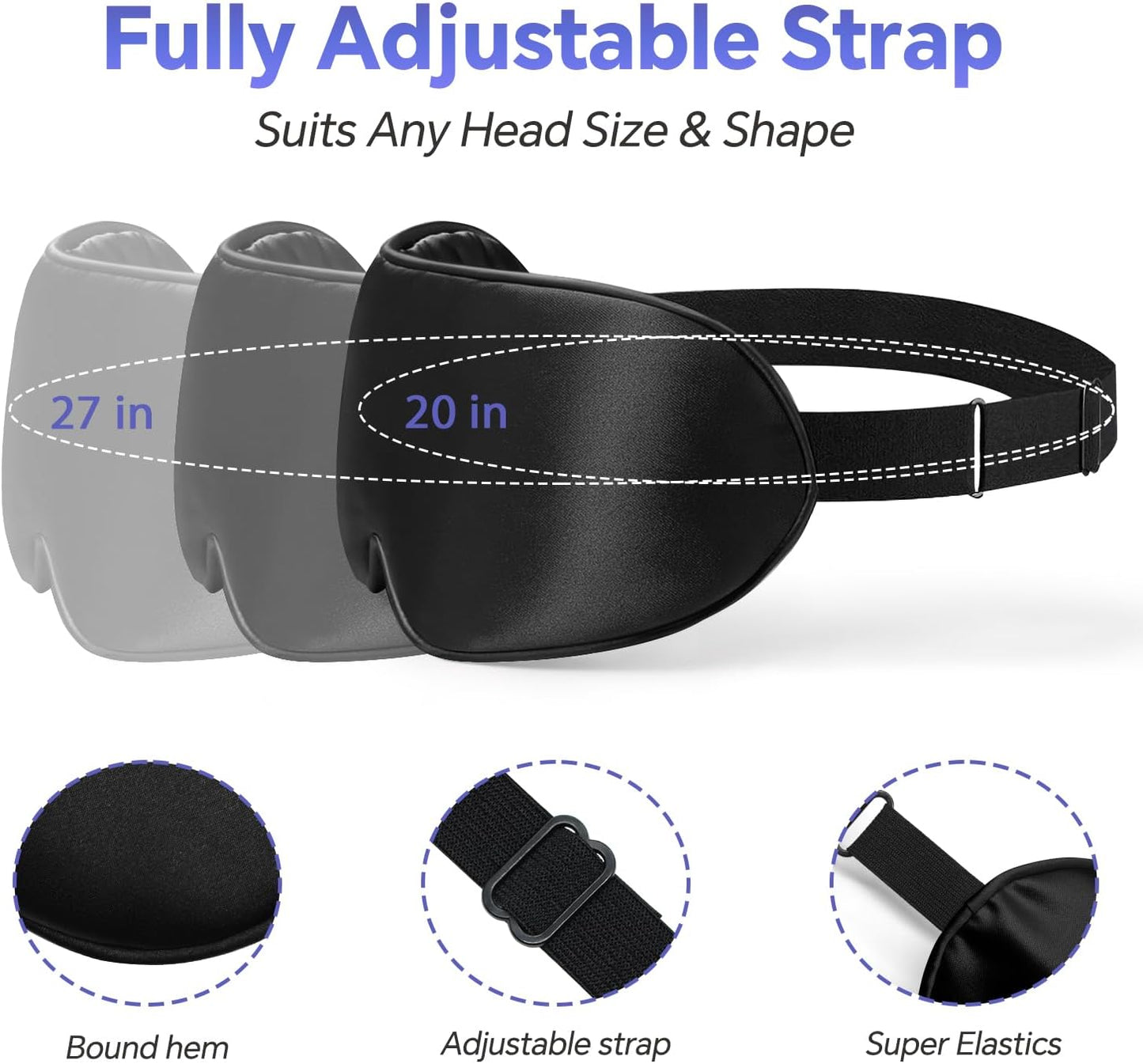 Sleep Eye Mask for Men Women, Silk Sleep Mask for Side Sleeper, Travel Blackout Night Blindfold Eye Shade Cover with Adjustable Strap (Black & Pink)