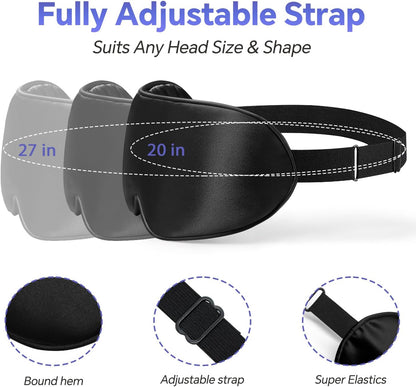 Sleep Eye Mask for Men Women, Silk Sleep Mask for Side Sleeper, Travel Blackout Night Blindfold Eye Shade Cover with Adjustable Strap (Black & Pink)
